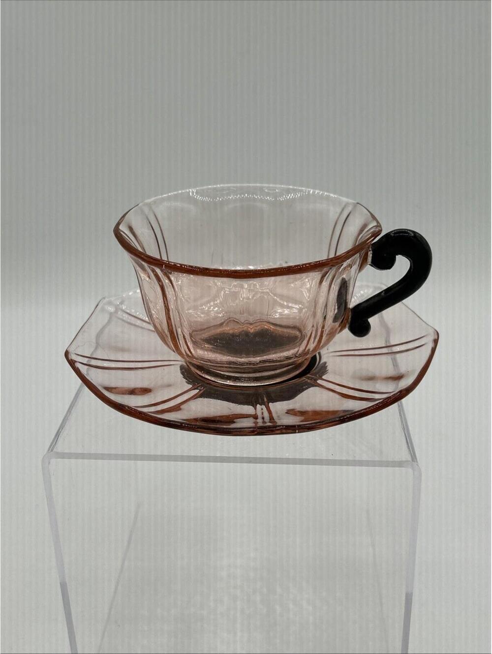 Vintage Pink Depression Glass Teacup & Saucer with Black Accents, Geometric